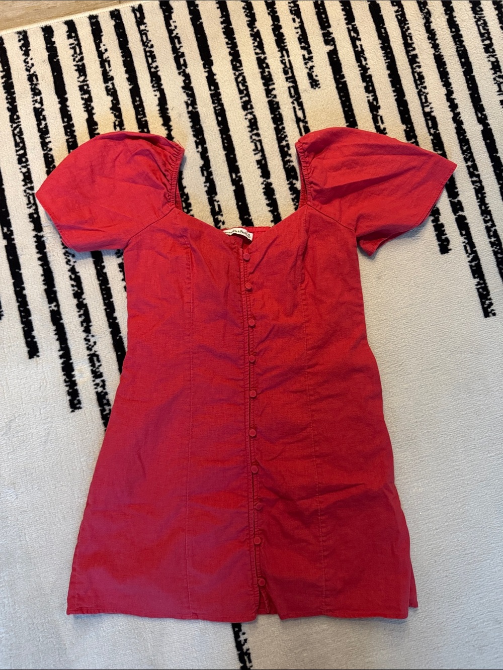 Red Button-Front Puff Sleeve Mini Dress